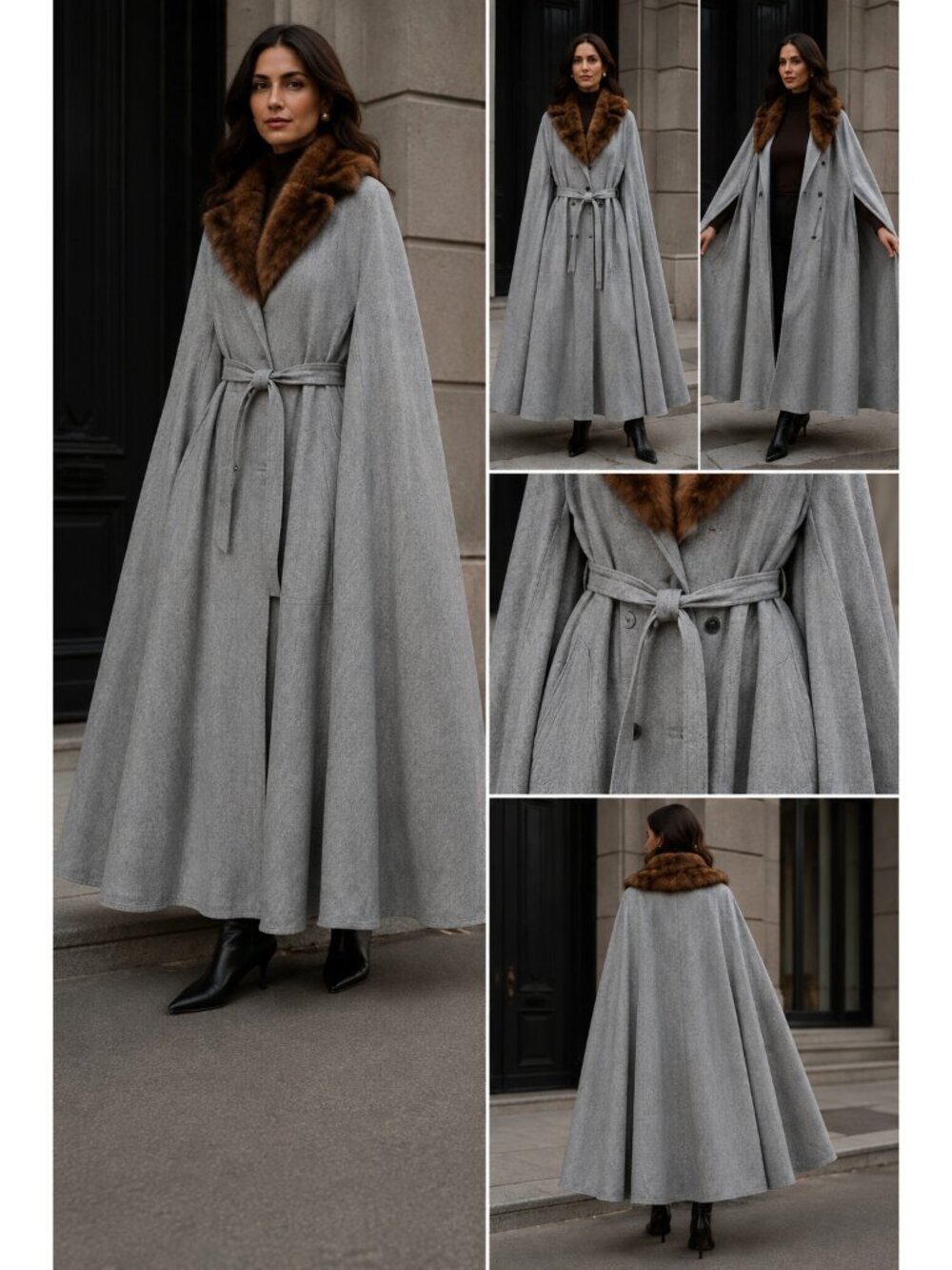 Gray Wool Cape Coat Genuine Mink Fur Collar Belted Maxi Women S/M Old Money